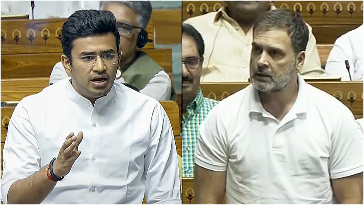 L: BJP MP Tejasvi Surya in LS | R: LoP Rahul Gandhi |  - PTI